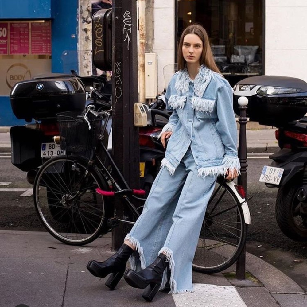 $400 Ksenia Schnaider Street Style Unique Cutout Wide Leg Frayed Jeans NEW - Picture 2 of 11